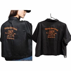 HARLEY DAVIDSON Old English Rose Cropped Short Sleeve Shirt Black Orange Size XL